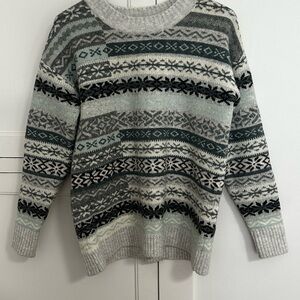 LOFT Gray and Black Crew Neck Sweater with Fair Isle Pattern